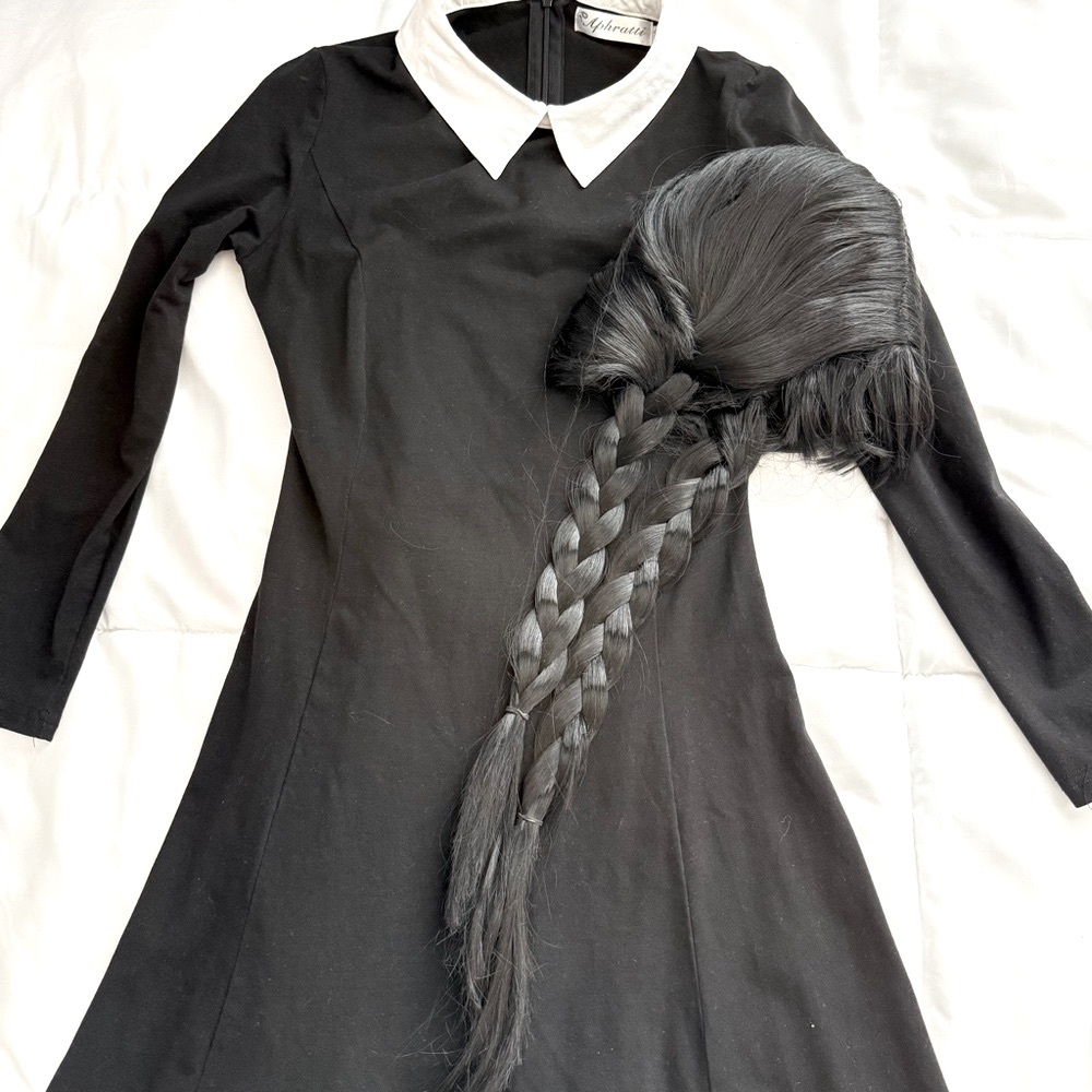 Wednesday Adam’s Aphratti costume white Collared black Dress and wig - Picture 2 of 10